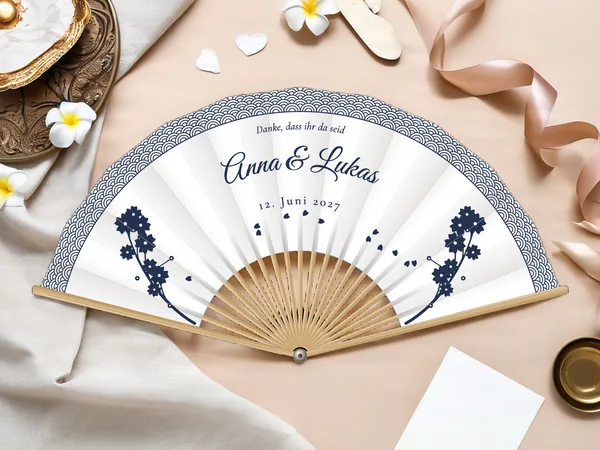 Personalisierter Hochzeitsfächer „Sakura“ mit den Namen Anna & Lukas, Wellenfries am Rand und Kirschblütenzweige an den Seiten, Stoff in Weiß mit Druck in Marineblau, auf einem Hochzeitstisch